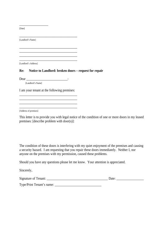 Manage Letter from Tenant to Landlord containing Notice that doors are broken and demand repair - Kentucky Export to Google Sheet Bot
