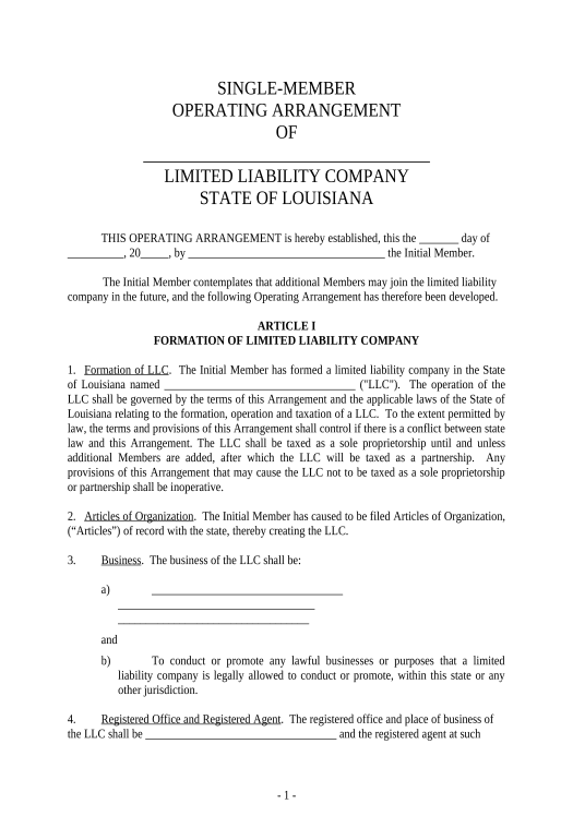 Archive Single Member Limited Liability Company LLC Operating Agreement - Louisiana Pre-fill from Smartsheet Bot