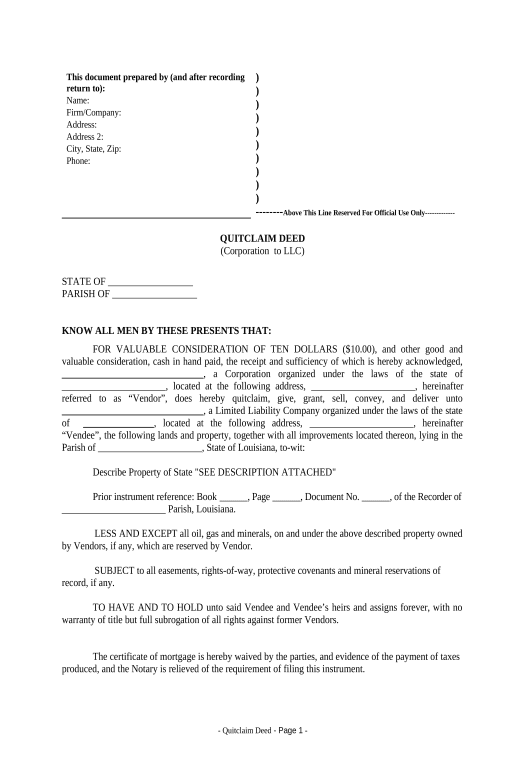 Arrange Quitclaim Deed from Corporation to LLC - Louisiana