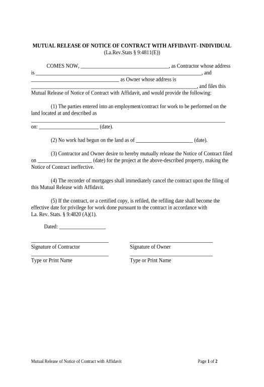 Arrange Mutual Release of Notice of Contract with Affidavit - Individual - Louisiana Webhook Postfinish Bot