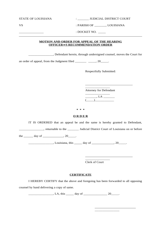 Archive Motion and Order for Appeal of the Hearing Officer's Recommendation Order - Louisiana Rename Slate document Bot