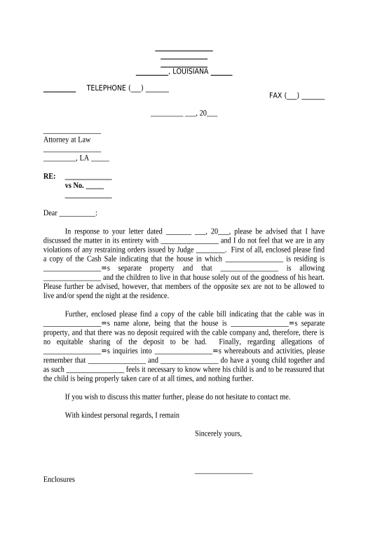 Update Letter to Opposing Counsel Responding to Letter Alleging Violation of Restraining Order (Divorce) - Louisiana Hide Signatures Bot