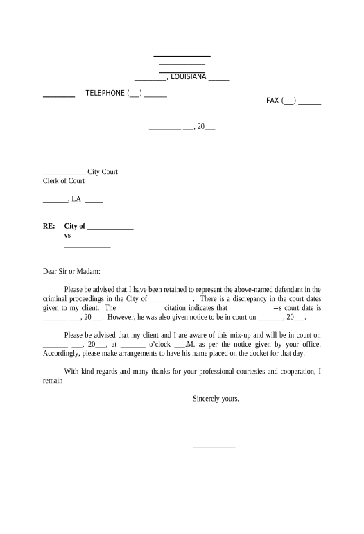 Archive Letter to Clerk of Court regarding Court Date Discrepancy - Louisiana Basecamp Create New Project Site Bot