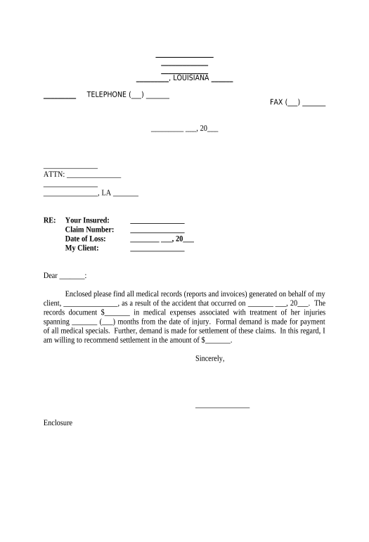 Pre-fill Letter to Opposing Counsel regarding Insurance Settlement Demand - Louisiana Export to Smartsheet