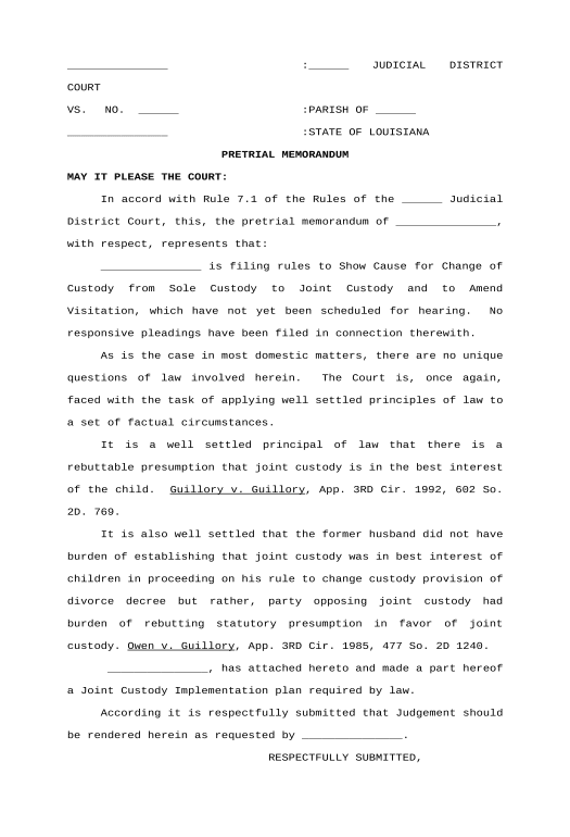 Pre-fill Pretrial Memorandum requesting change of custody and amendment of visitation - Louisiana Remove Tags From Slate Bot