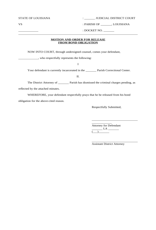 Pre-fill Motion and Order for Release from Bond Obligation - Louisiana Remove Slate Bot