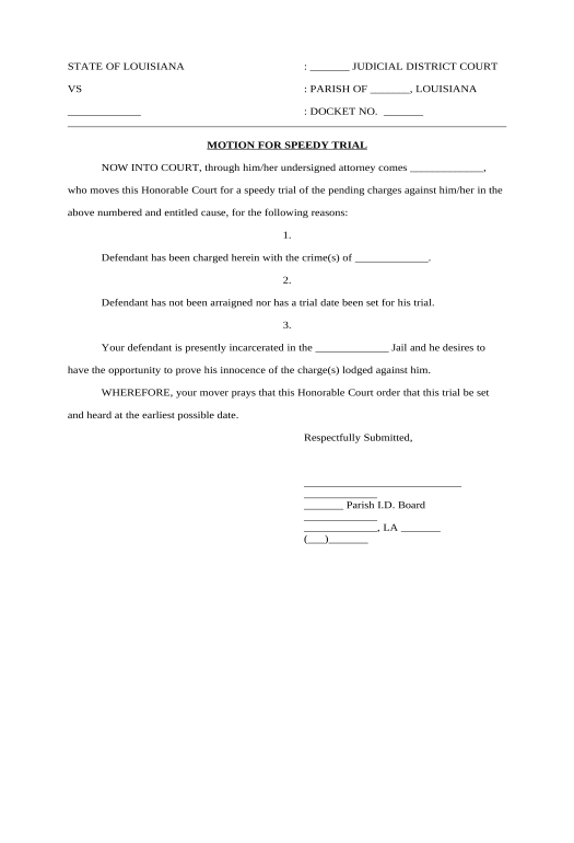 Pre-fill Motion for Speedy Trial and Order - Incarcerated Defendant - Louisiana Box Bot