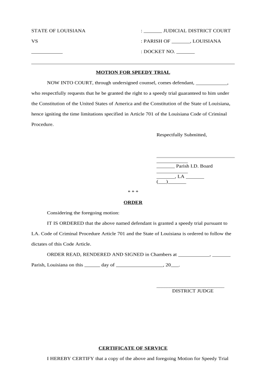 Pre-fill Motion for Speedy Trial - Louisiana Mailchimp send Campaign bot