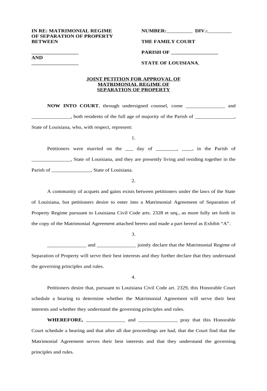 Export Joint Petition for Approval of Matrimonial Regime of Separation of Property, with Order - Louisiana Email Notification Bot