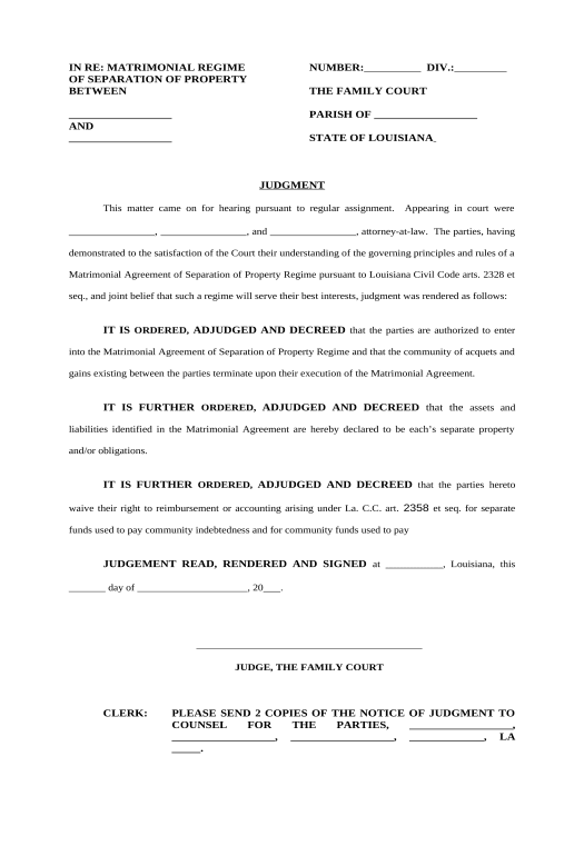 Pre-fill Judgment Regarding Matrimonial Regime of Separation of Property - Louisiana OneDrive Bot