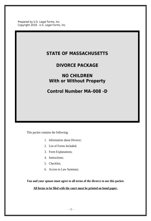 Pre-fill No-Fault Agreed Uncontested Divorce Package for Dissolution of Marriage for Persons with No Children with or without Property and Debts - Massachusetts Dropbox Bot