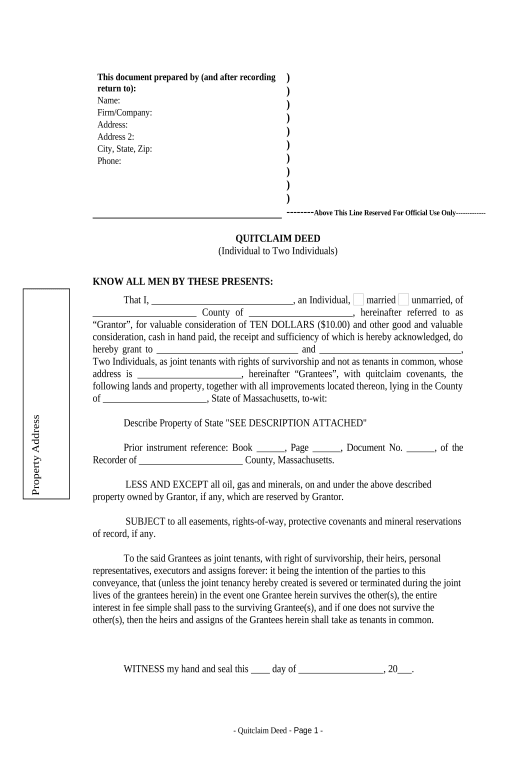 Extract Quitclaim Deed from Individual to Two Individuals in Joint Tenancy - Massachusetts Box Bot