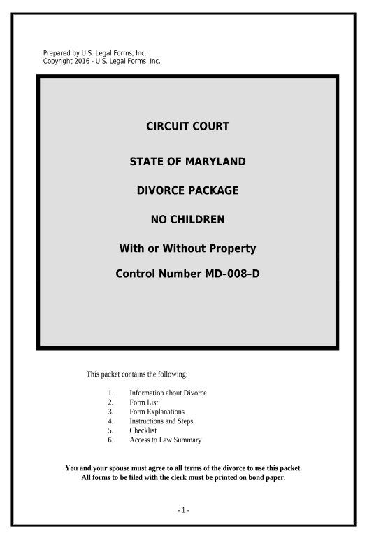 Update No-Fault Agreed Uncontested Divorce Package for Dissolution of Marriage for Persons with No Children with or without Property and Debts - Maryland Notify Salesforce Contacts - Post-finish