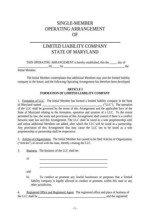Incorporate Single Member Limited Liability Company LLC Operating Agreement - Maryland Google Sheet Two-Way Binding Bot