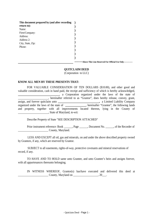 Update Quitclaim Deed from Corporation to LLC - Maryland Export to MySQL Bot