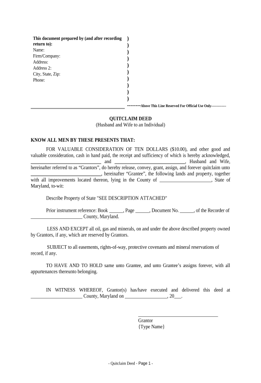 Update Quitclaim Deed from Husband and Wife to an Individual - Maryland Box Bot