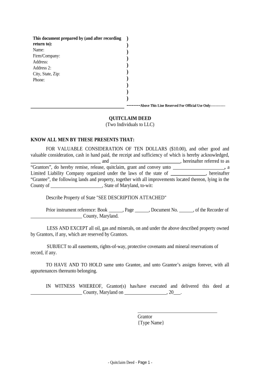 Update Quitclaim Deed by Two Individuals to LLC - Maryland Text Message Notification Bot