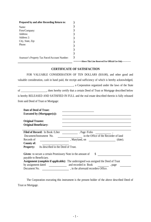 Arrange Satisfaction, Release or Cancellation of Deed of Trust by Corporation - Maryland Audit Trail Bot