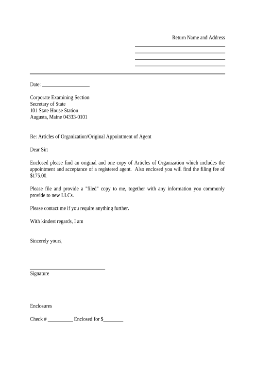Pre-fill Sample Cover Letter for Filing of LLC Articles or Certificate with Secretary of State - Maine Jira Bot