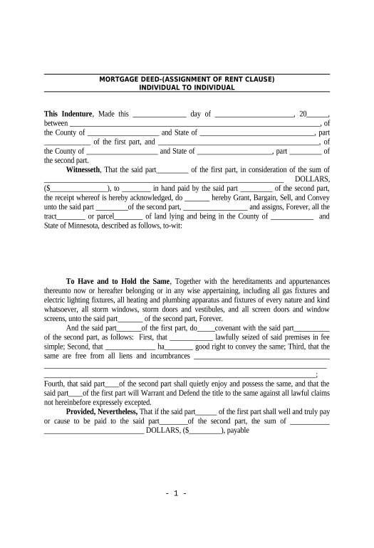 Pre-fill Mortgage Deed - Assignment of Rent Clause - Individual To Individual - UCBC Form 44-M - Minnesota Box Bot
