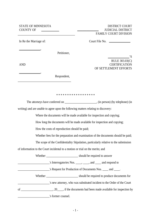 Pre-fill Certification of Prehearing Settlement Efforts regarding Discovery Dispute - Minnesota Create QuickBooks invoice Bot