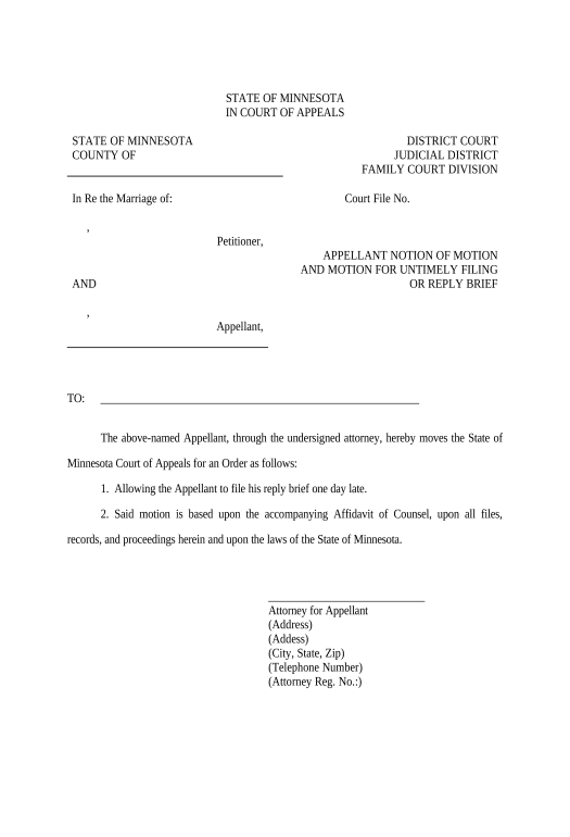 Pre-fill Appellant's Notice of Motion and Motion for Late Filing of Reply Brief - Minnesota Pre-fill from Smartsheet Bot