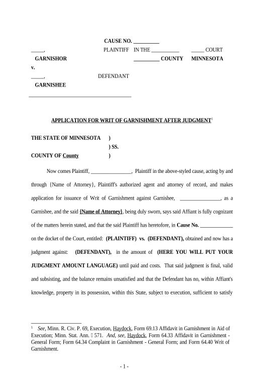 Manage Attorney Affidavit for Writ of Garnishment - Minnesota Remove Tags From Slate Bot