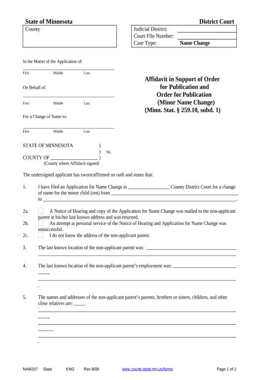 Arrange Affidavit in Support of Order for Publication and Order in Minor Name Change - Minnesota - Minnesota Rename Slate document Bot