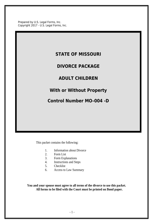 Integrate No-Fault Uncontested Agreed Divorce Package for Dissolution of Marriage with Adult Children and with or without Property and Debts - Missouri Pre-fill from AirTable Bot