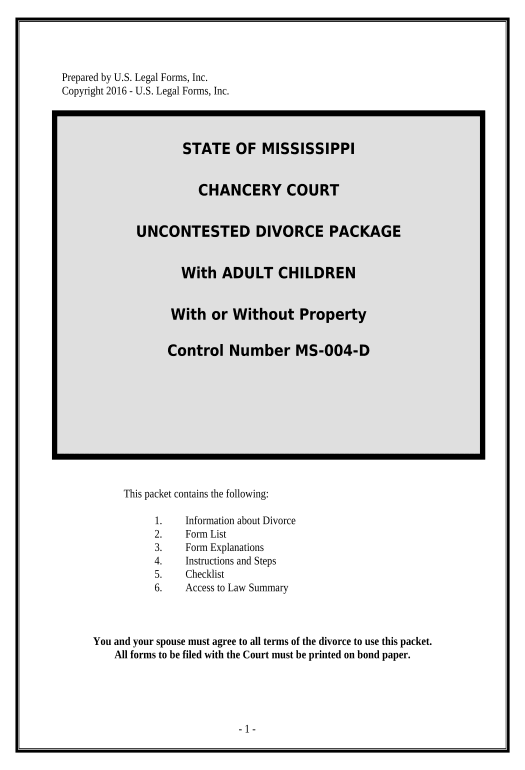 Manage No-Fault Uncontested Agreed Divorce Package for Dissolution of Marriage with Adult Children and with or without Property and Debts - Mississippi Export to Salesforce Bot
