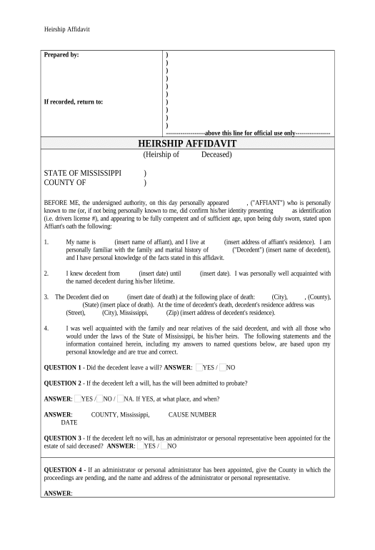 Extract Heirship Affidavit - Descent - Mississippi Box Bot