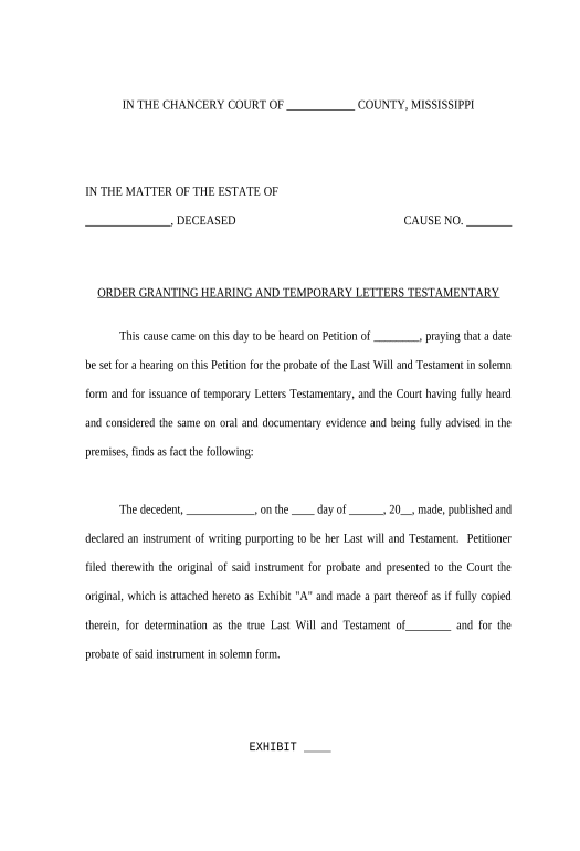 Archive Order Granting Hearing and Temporary Letters Testamentary - Mississippi