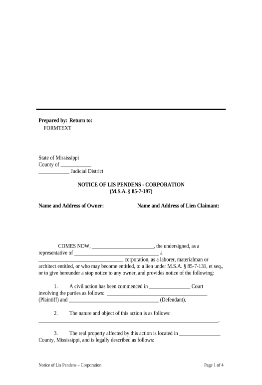 Synchronize Notice of Lis Pendens - Corporation or LLC - Mississippi Pre-fill from CSV File Bot