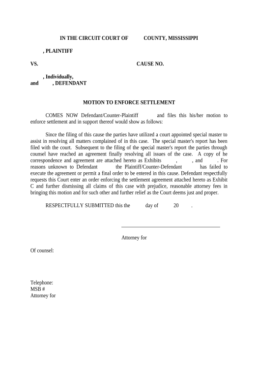 Arrange Motion to Enforce Settlement - Mississippi OneDrive Bot