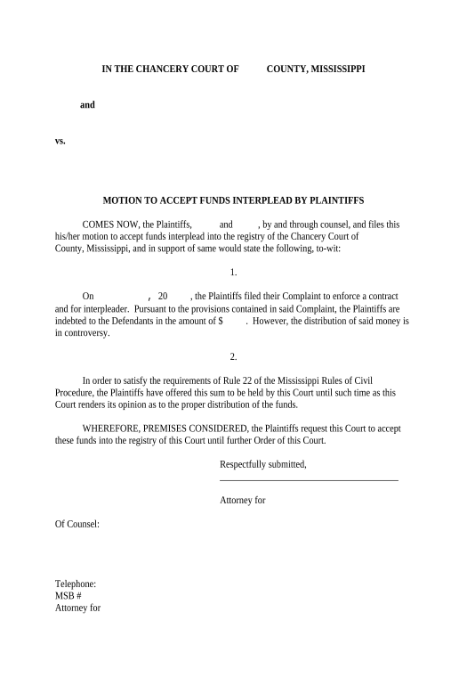 Export Motion to Accept Funds Interplead by Plaintiffs - Mississippi Pre-fill Document Bot