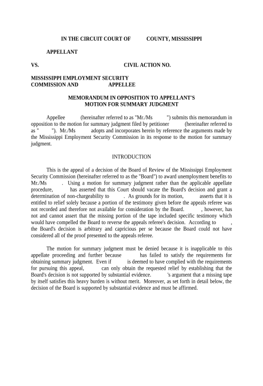 Extract Memorandum in Opposition to Appellant's Motion for Summary Judgment - Mississippi Google Calendar Bot