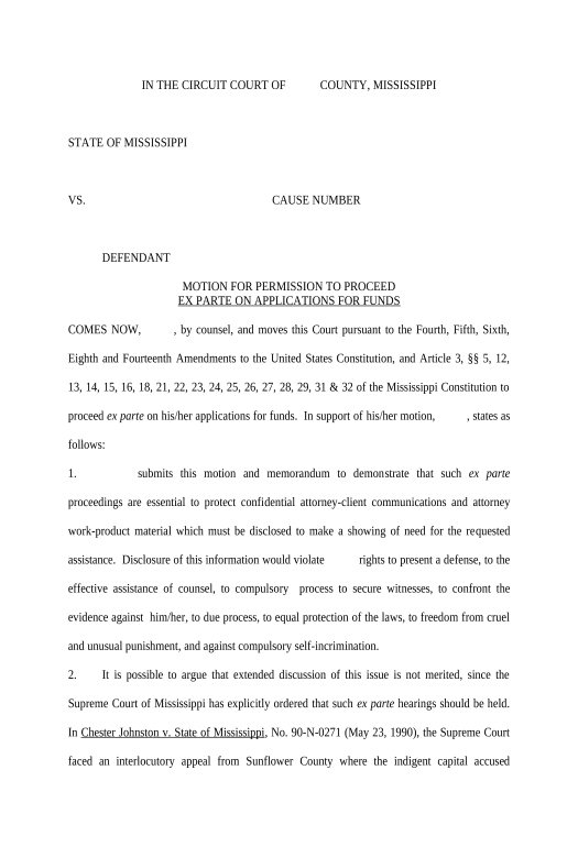 Pre-fill Motion for Permission to Proceed Ex Parte on Applications for Funds - Mississippi