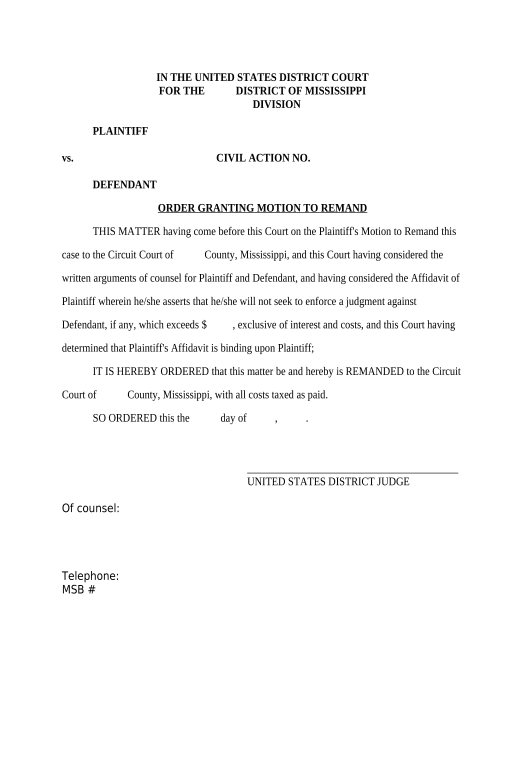 Pre-fill Proposed Order Granting Motion to Remand - Mississippi MS Teams Notification upon Completion Bot
