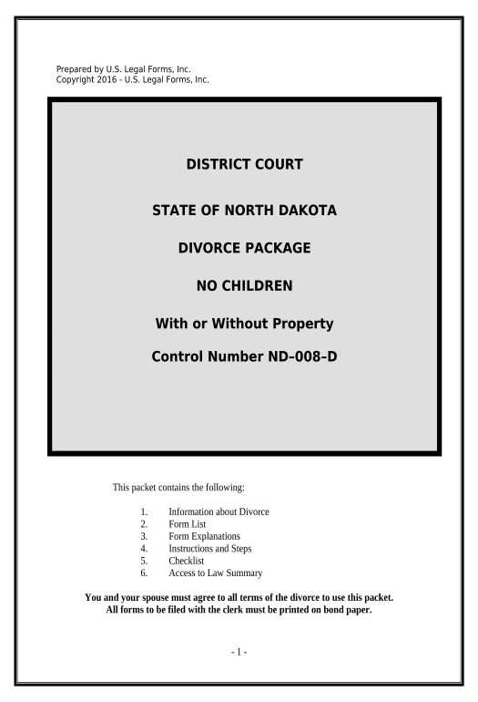 Extract No-Fault Agreed Uncontested Divorce Package for Dissolution of Marriage for Persons with No Children with or without Property and Debts - North Dakota Pre-fill from Smartsheet Bot