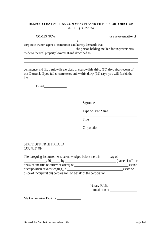 Pre-fill Demand that Suit be Commenced and Filed - Corporation or LLC - North Dakota Pre-fill Document Bot