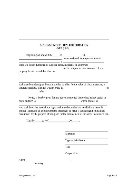 Integrate Assignment of Lien - Corporation or LLC - Nebraska Pre-fill Document Bot
