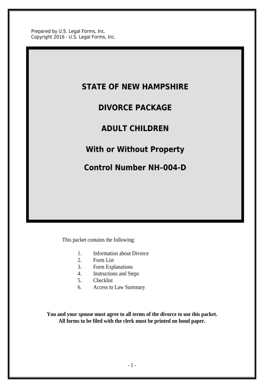 Arrange No-Fault Uncontested Agreed Divorce Package for Dissolution of Marriage with Adult Children and with or without Property and Debts - New Hampshire Text Message Notification Bot