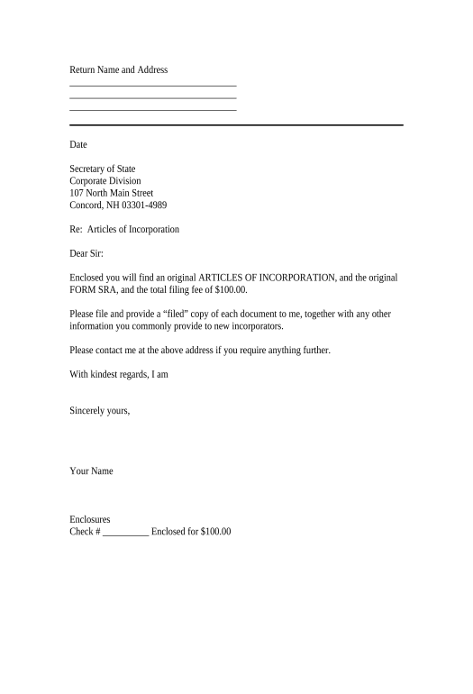 Archive Sample Transmittal Letter for Articles of Incorporation - New Hampshire Pre-fill from Office 365 Excel Bot