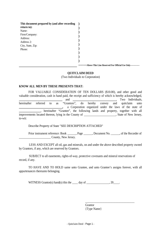 Extract Quitclaim Deed by Two Individuals to Corporation - New Jersey Email Notification Bot
