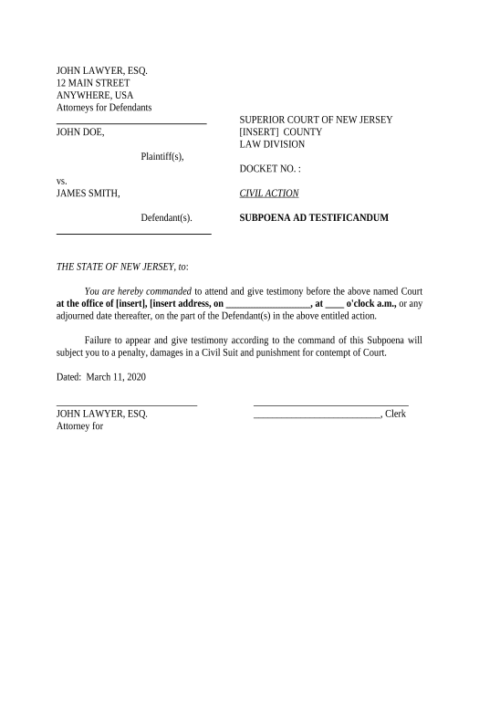 Extract Subpoena for Testimony - New Jersey