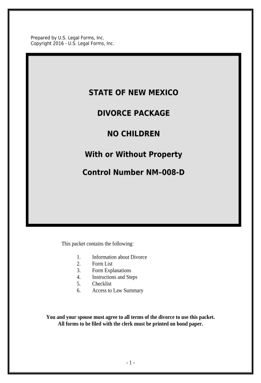 Synchronize No-Fault Agreed Uncontested Divorce Package for Dissolution of Marriage for Persons with No Children with or without Property and Debts - New Mexico Webhook Postfinish Bot