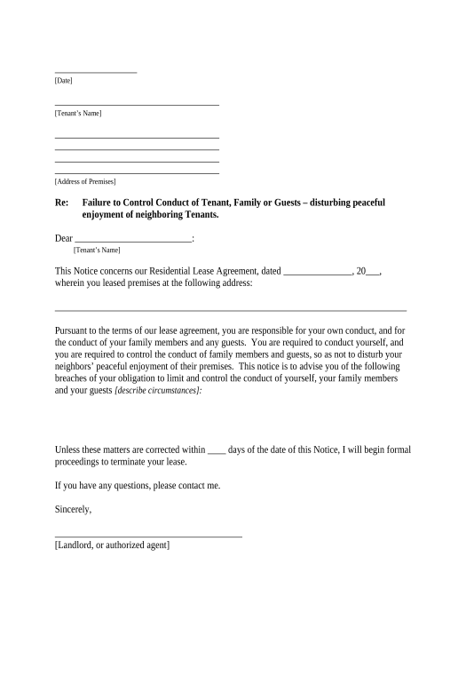 Pre-fill Letter from Landlord to Tenant as Notice to Tenant of Tenant's Disturbance of Neighbors' Peaceful Enjoyment to Remedy or Lease Terminates - New Mexico Calculate Formulas Bot