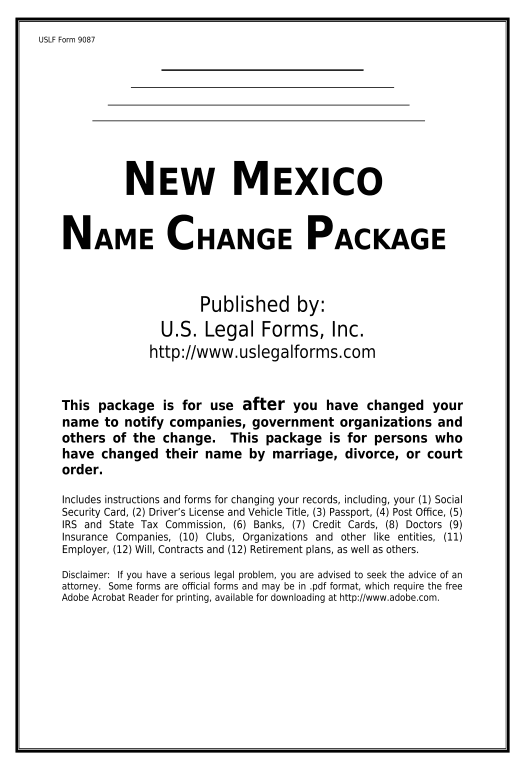 Automate Name Change Notification Package for Brides, Court Ordered Name Change, Divorced, Marriage for New Mexico - New Mexico Pre-fill with Custom Data Bot