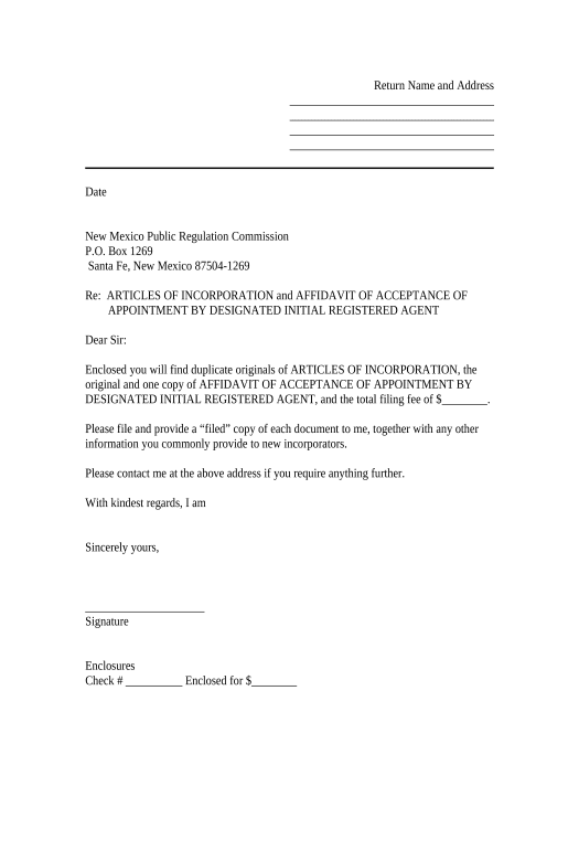Extract Sample Transmittal Letter to Secretary of State's Office to File Articles of Incorporation - New Mexico - New Mexico Remind to Create Slate Bot