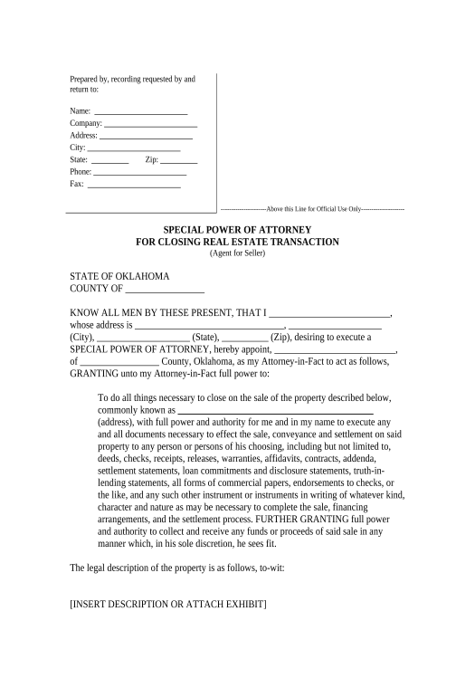 Archive Special or Limited Power of Attorney for Real Estate Sales Transaction By Seller - Oklahoma Rename Slate document Bot